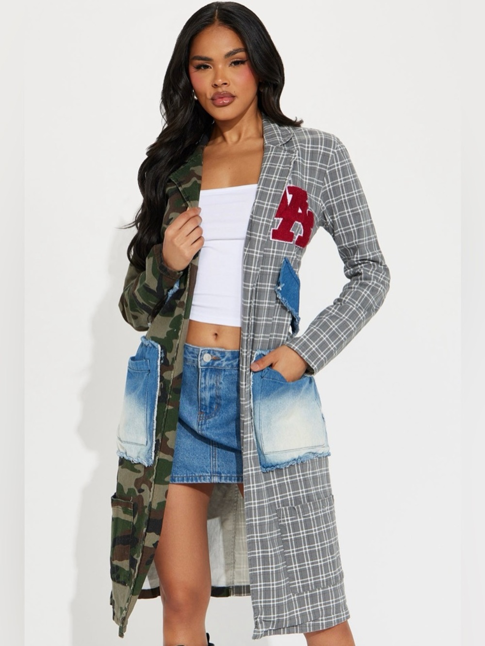 Fashion Nova Patchwork Camo Plaid Coat Denim Pockets Long Statement Jacket NWT - Picture 2 of 6